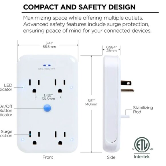 Merkury Innovations Smart 4-Outlet Wall Extender, Wi-Fi Enabled Works with Alexa - Picture 7 of 8